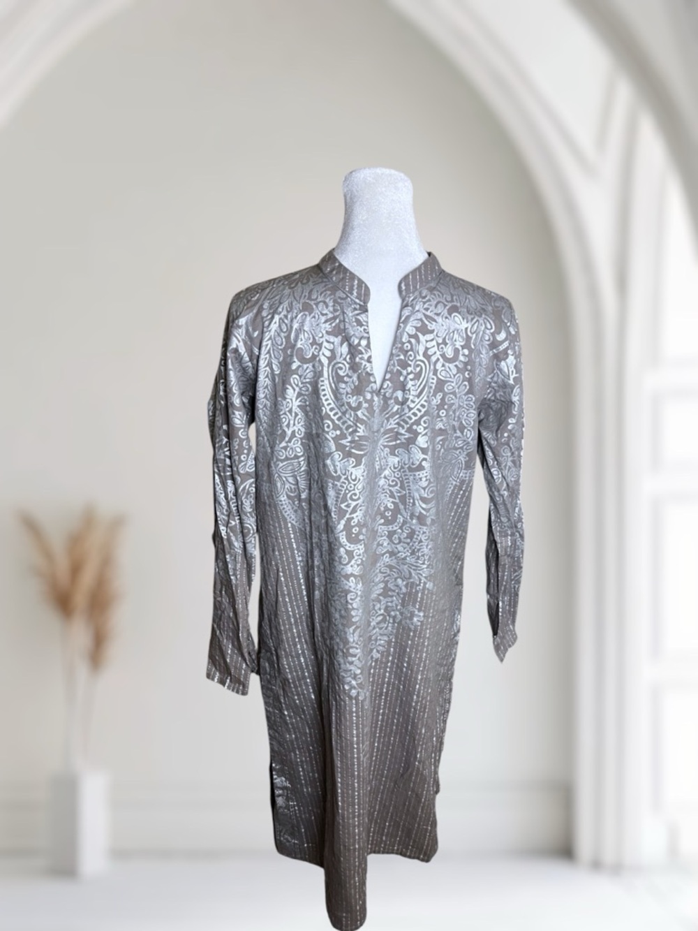 Limelight Silver Foil Metallic Paisley Tunic Kurta Long Side Split Small